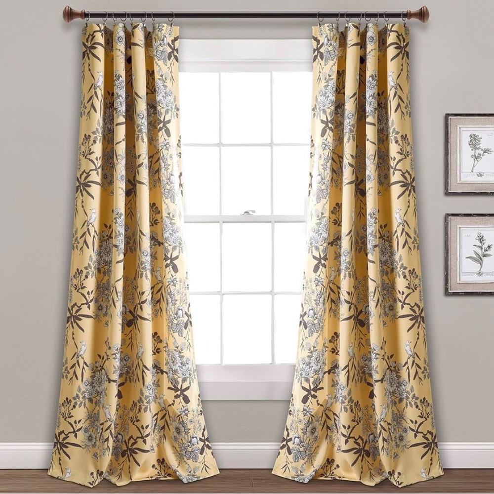 Lush Decor Botanical Floral Curtains Yellow Birds Drapes 2 Panels 52W X 84L